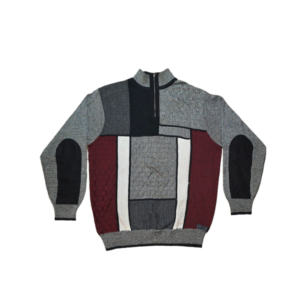 Vintage Men's Montique Grey Color Block Quarter Zip Sweater Size XL